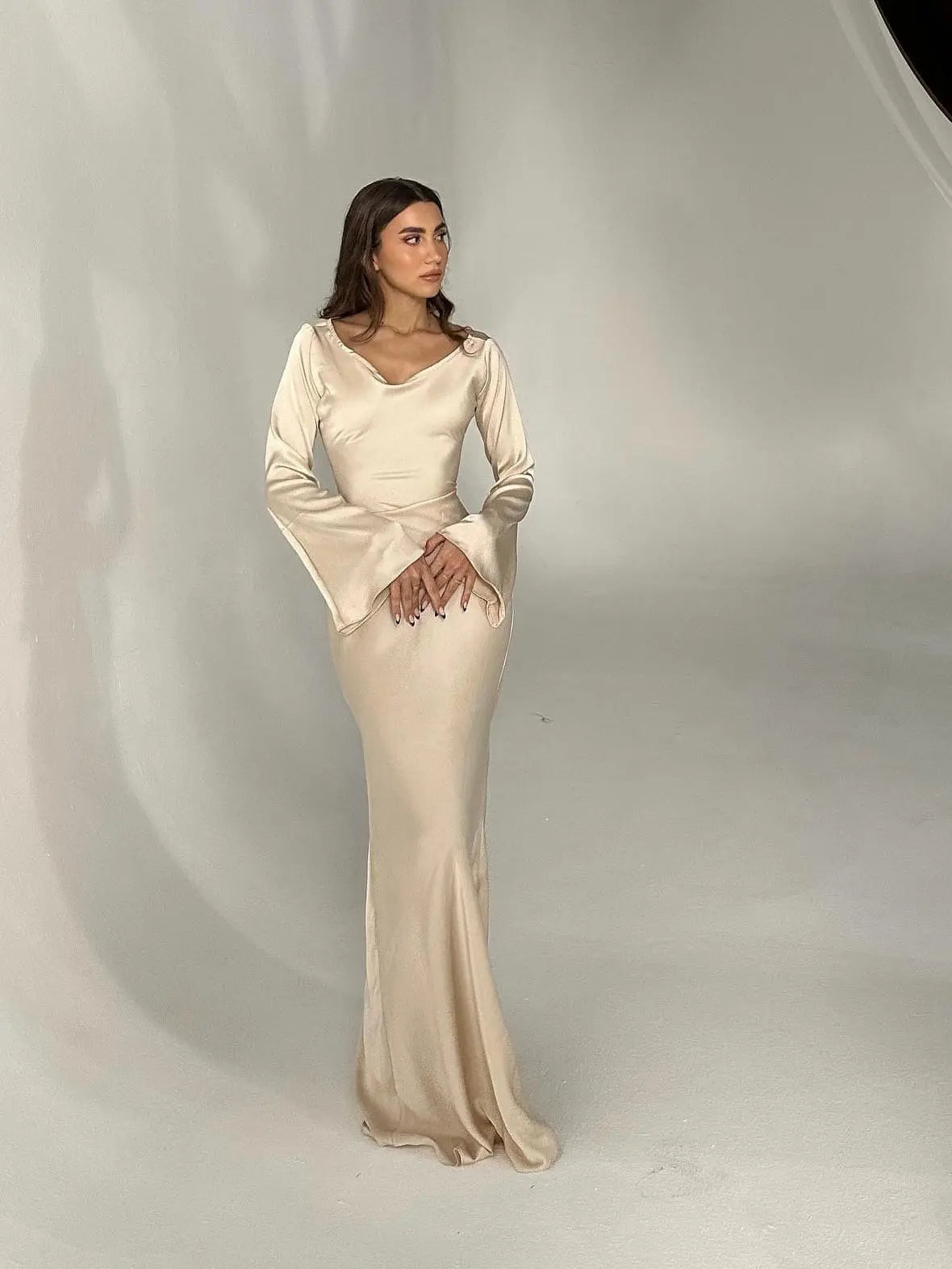 Women's Ivory Long Sleeve Maxi Dress | Casual Elegant Floor Length Everyday Dress