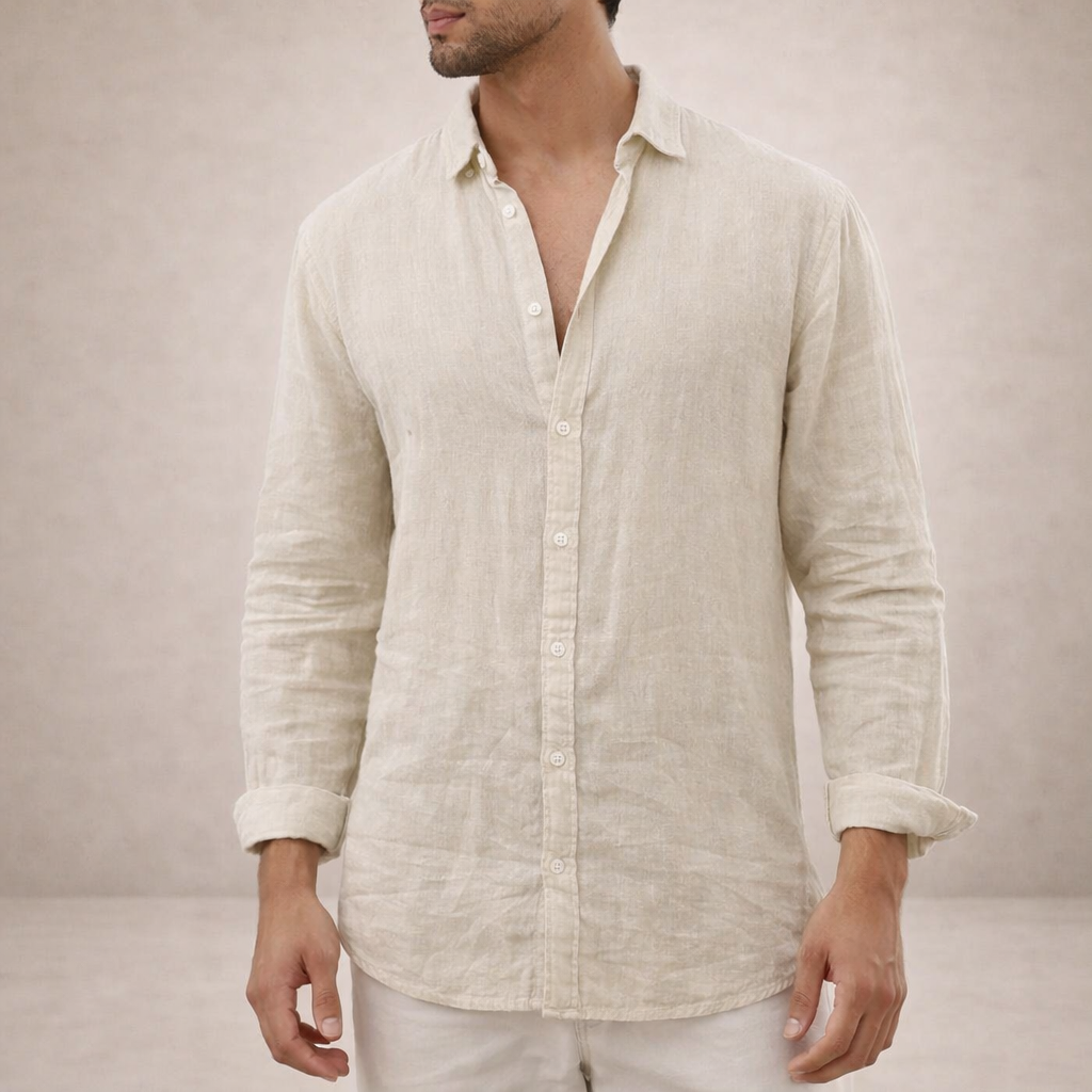 mens regular fit long sleeve linen shirt | open collar breathable top - flat lay view