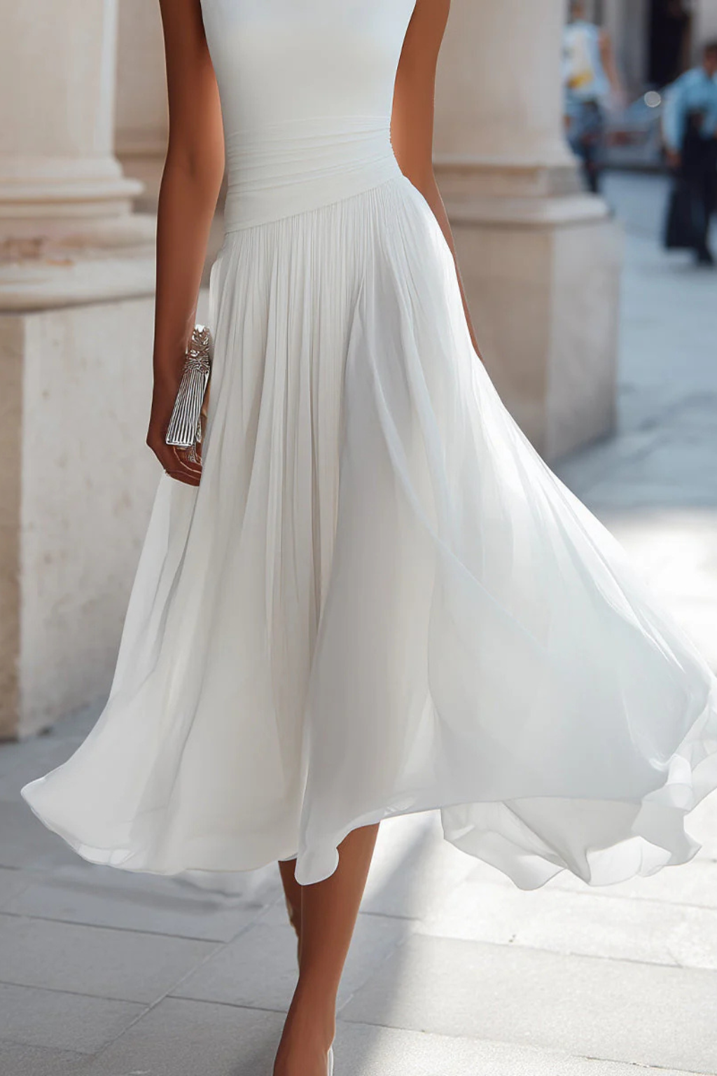 Women's Sleeveless Boat Neck Open Back Pleated Flowy Midi Dress