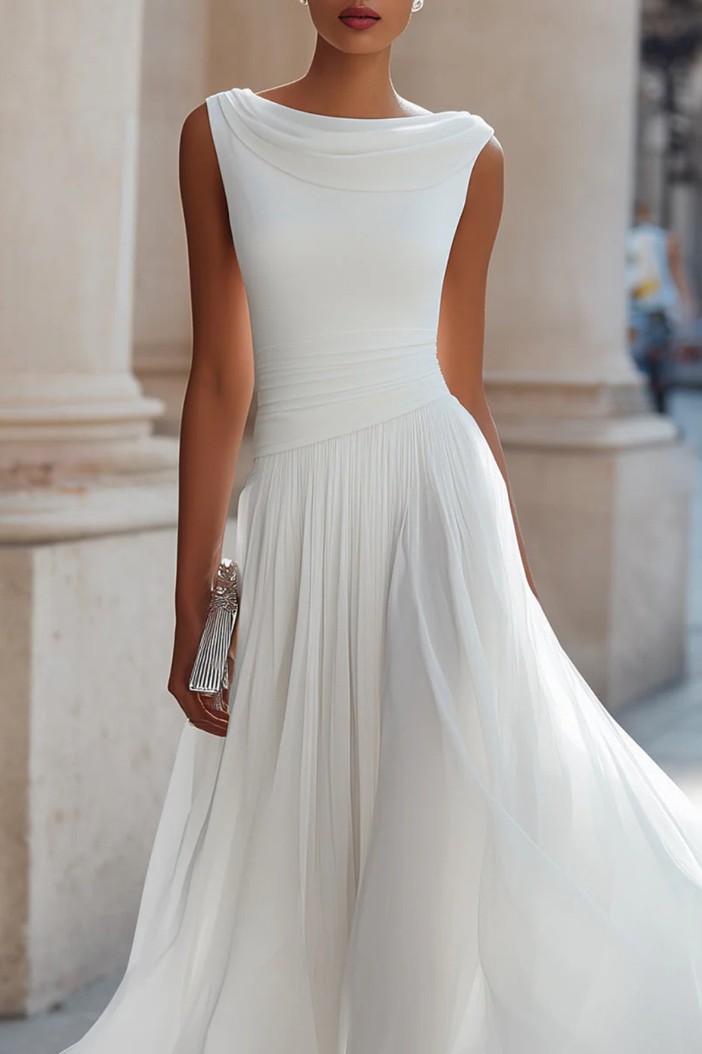 Women's Sleeveless Boat Neck Open Back Pleated Flowy Midi Dress