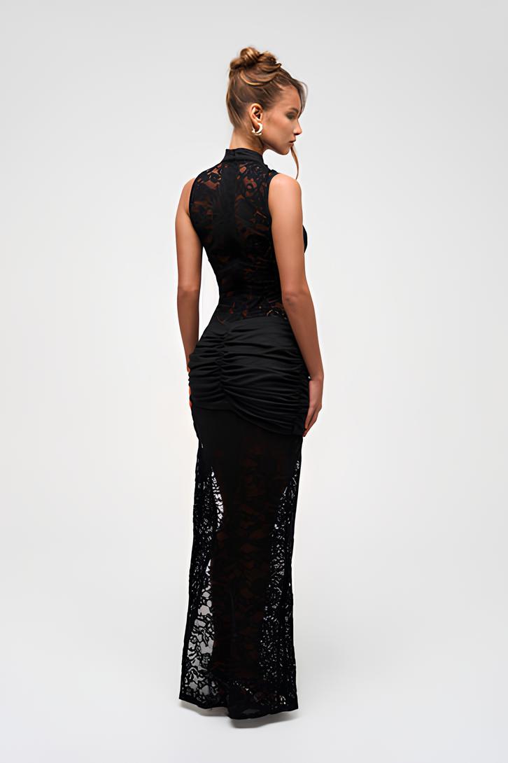 Women's Lace High Neck Keyhole Sleeveless Maxi Evening Dress with Slit