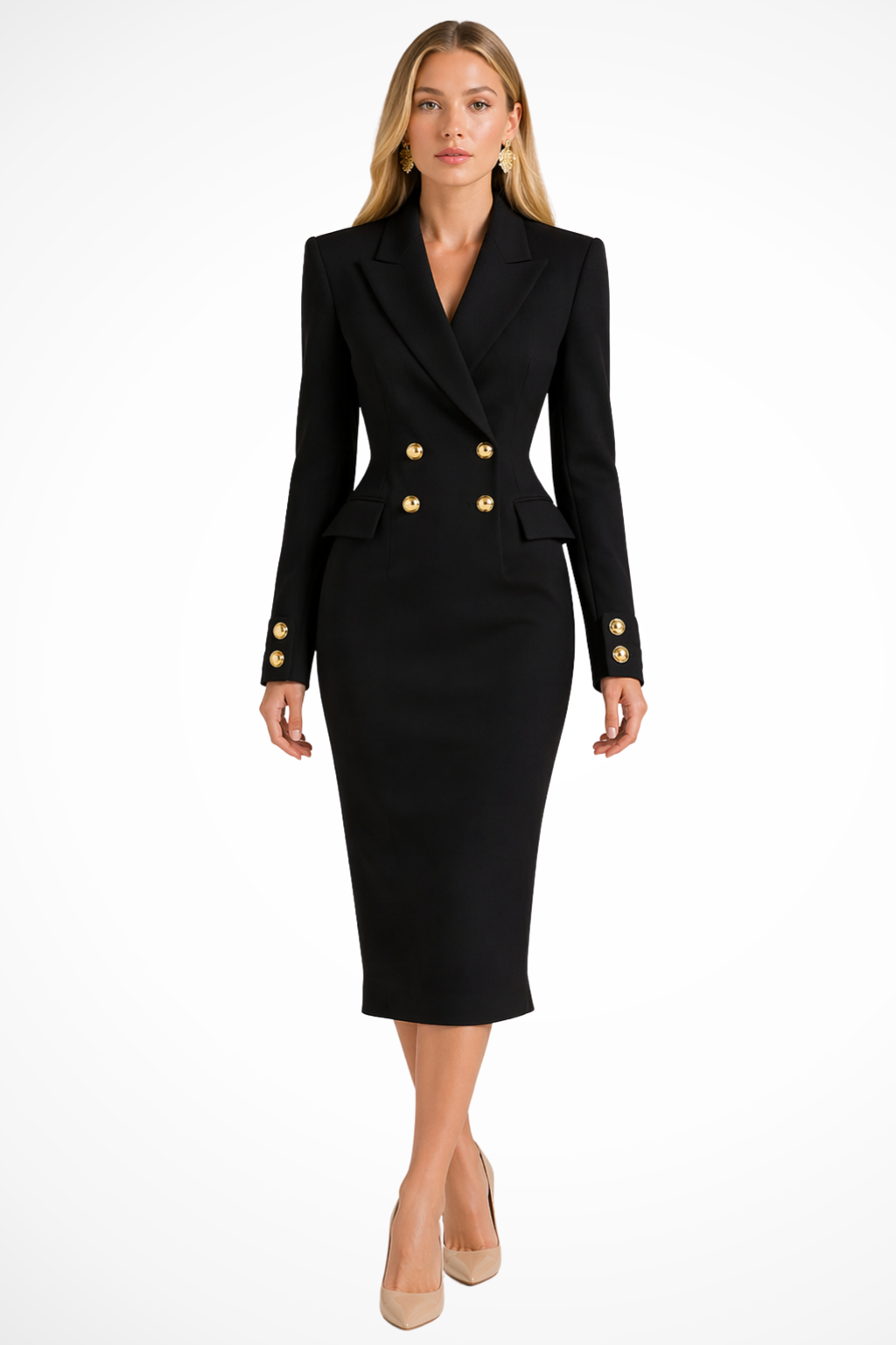 Women's Double Breasted Blazer Midi Dress | Gold Button Detail