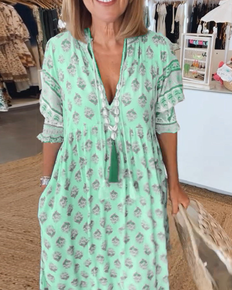 Women's Printed V-Neck Flutter Sleeve Tassel Waist Flowy Maxi Dress Boho Resort