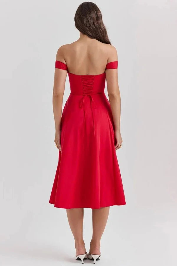 Women's Off Shoulder Sweetheart A-Line Midi Dress with Slit Wedding Guest