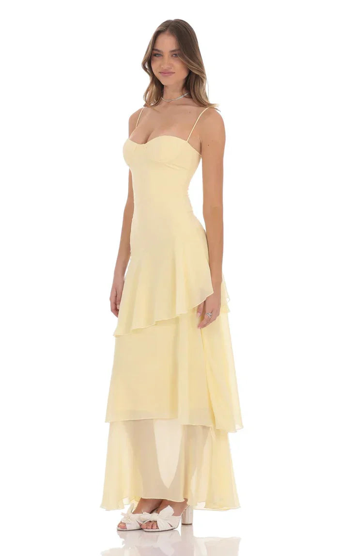 Women's Yellow Spaghetti Strap Sweetheart Neck Layered Chiffon Maxi Dress Boho Wedding Guest