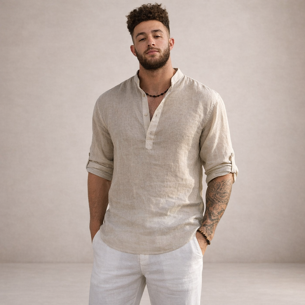 mens regular fit linen shirt | stand collar breathable long sleeve top - full view