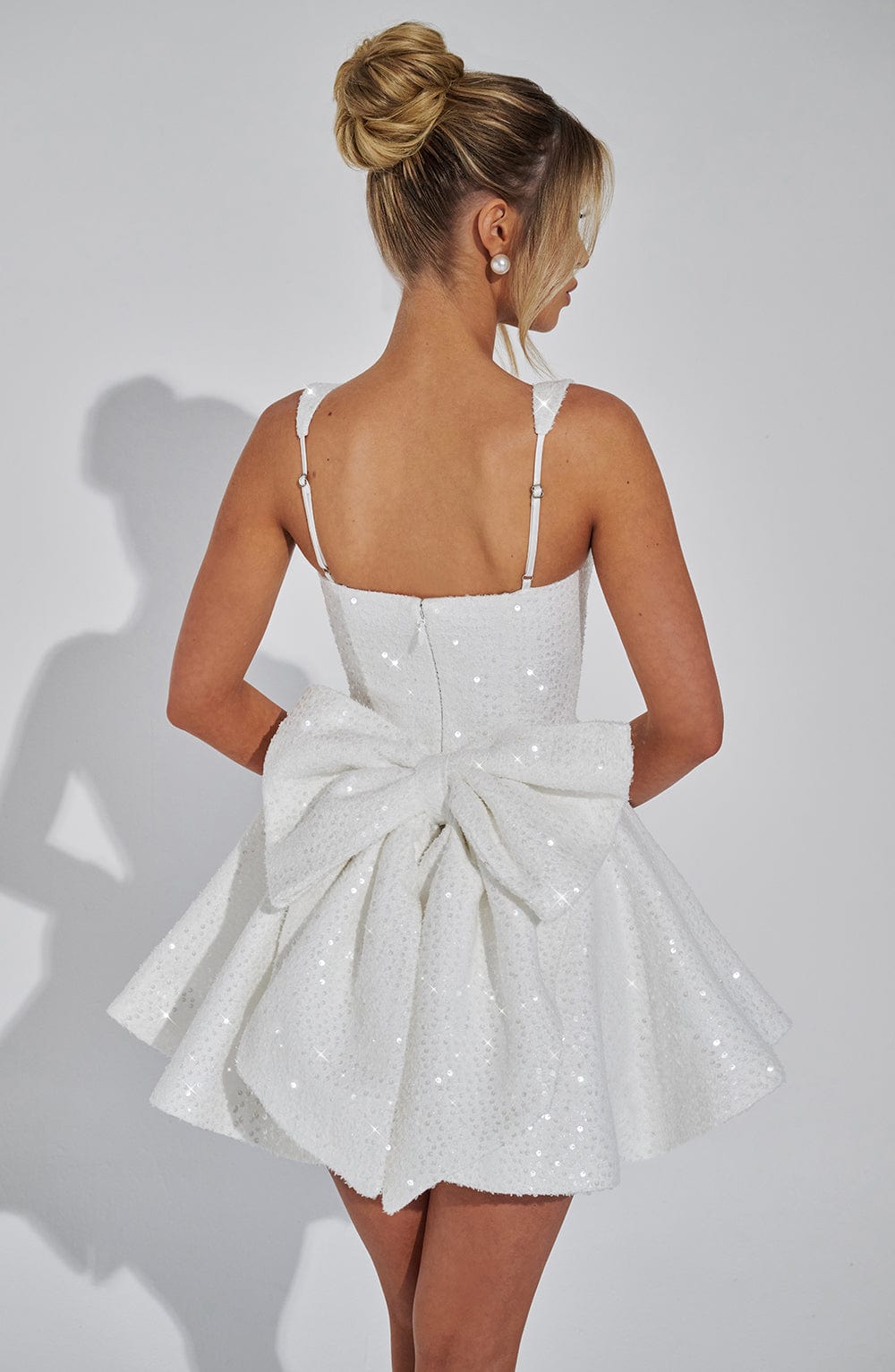 Women's Sequin Sweetheart Neck Wide Strap Bow Back Flared Mini Dress Party