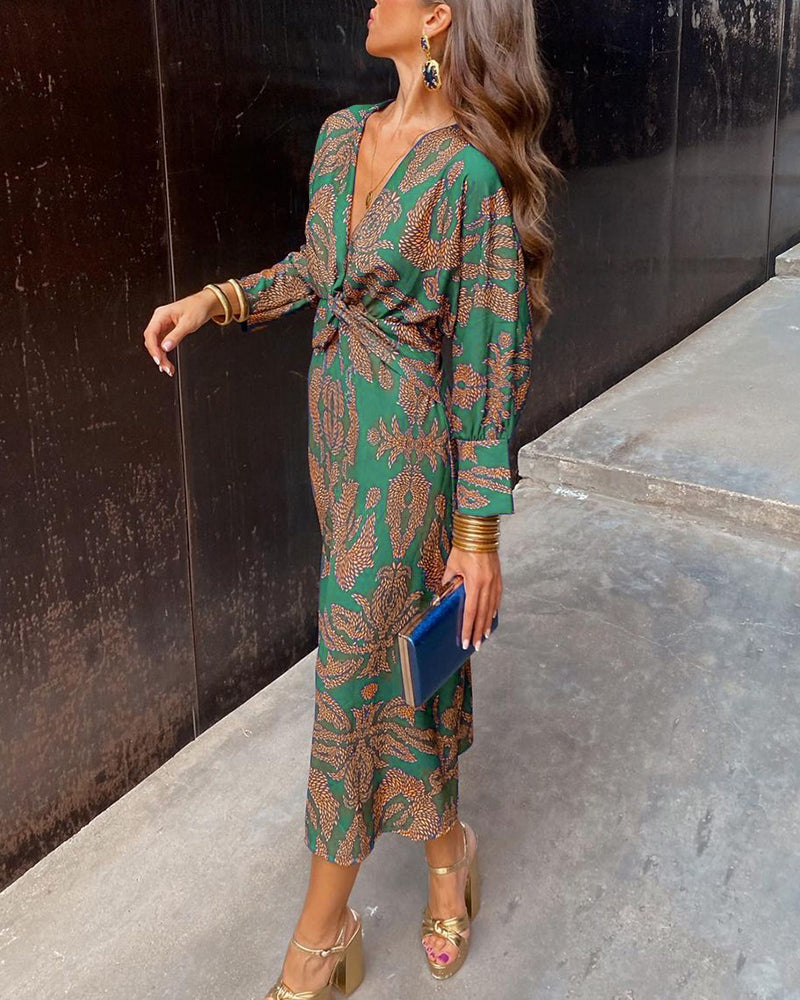 Women's Paisley Print V-Neck Long Sleeve Wrap Belted Maxi Dress Boho Resort