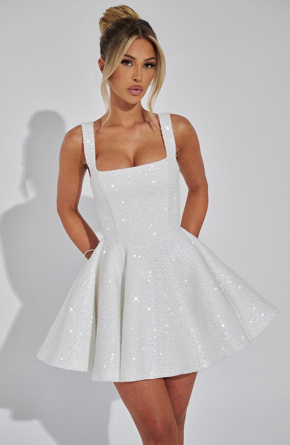 Women's Sequin Sweetheart Neck Wide Strap Bow Back Flared Mini Dress Party