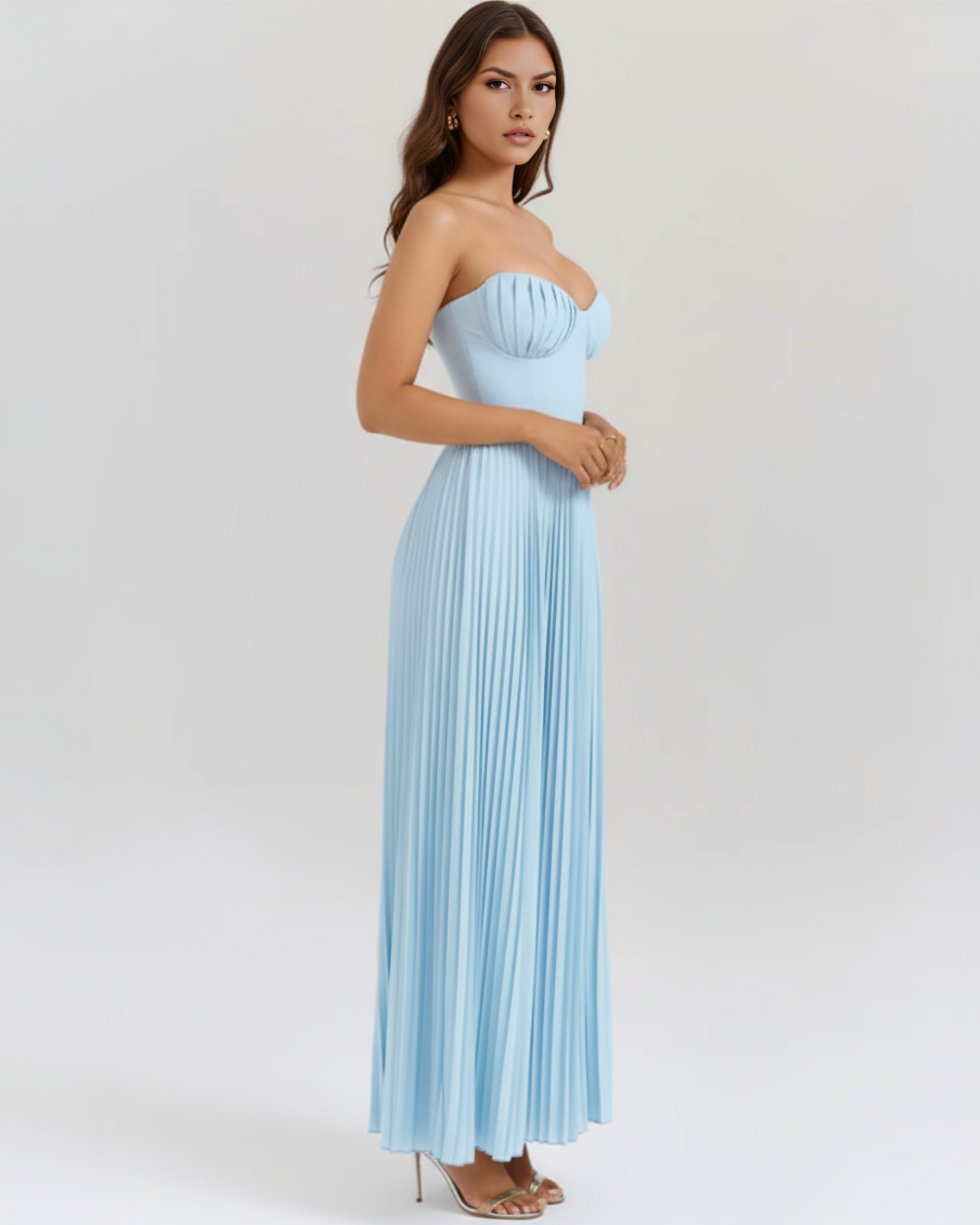 Women's Blue Strapless Sweetheart Neck Pleated Wide Leg Jumpsuit Formal Evening