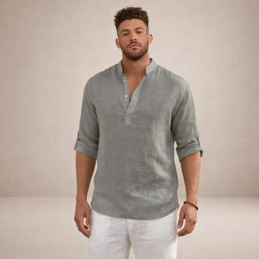 Men's Regular Fit Linen Shirt | Stand Collar Breathable Long Sleeve Top