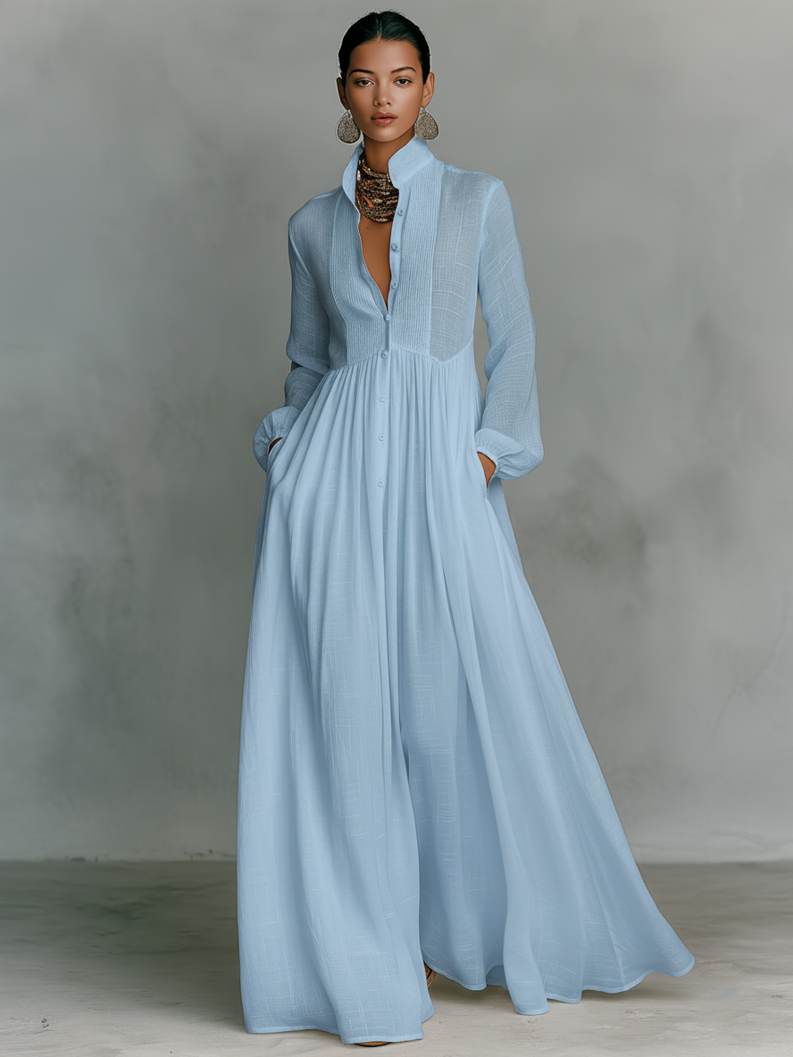 Women's White Maxi Dress | Single-Breasted Stand Collar Long Sleeve Patchwork Casual Dress