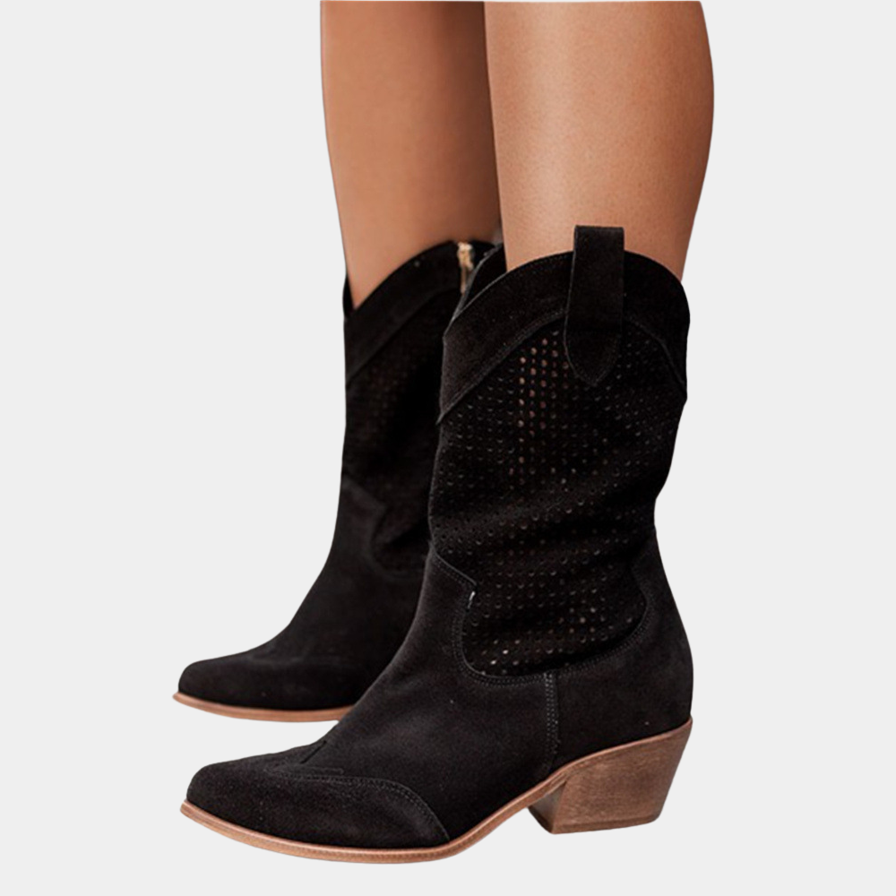Women's Perforated Mid-Calf Western Cowboy Boots Block Heel Pointed Toe