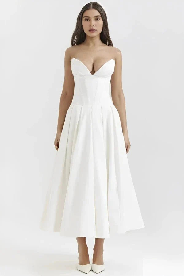 Women's Deep V-Neck Corset Bodice Full A-Line Midi Dress Cocktail Party Formal