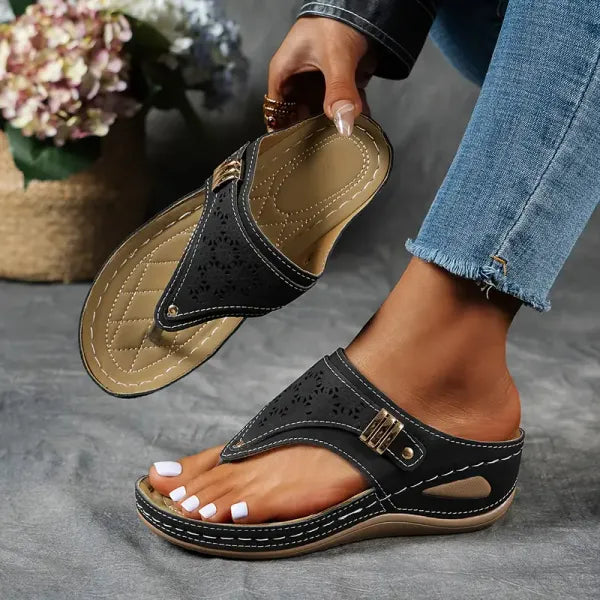 Women's Embroidered Thong Wedge Flip Flop Sandals with Buckle Detail