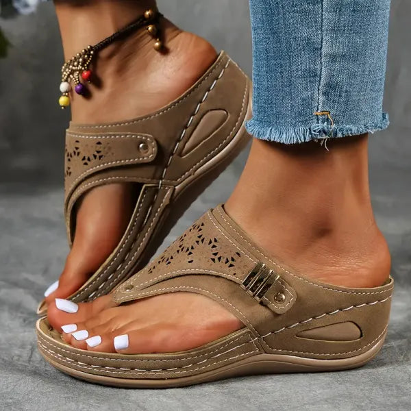 Women's Embroidered Thong Wedge Flip Flop Sandals with Buckle Detail