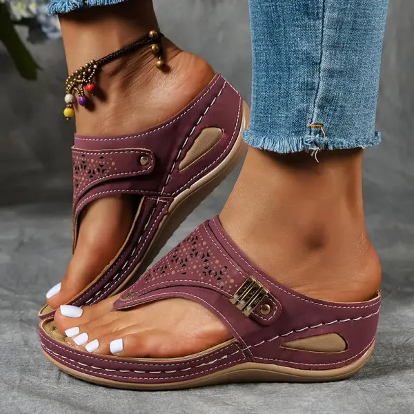 Women's Embroidered Thong Wedge Flip Flop Sandals with Buckle Detail