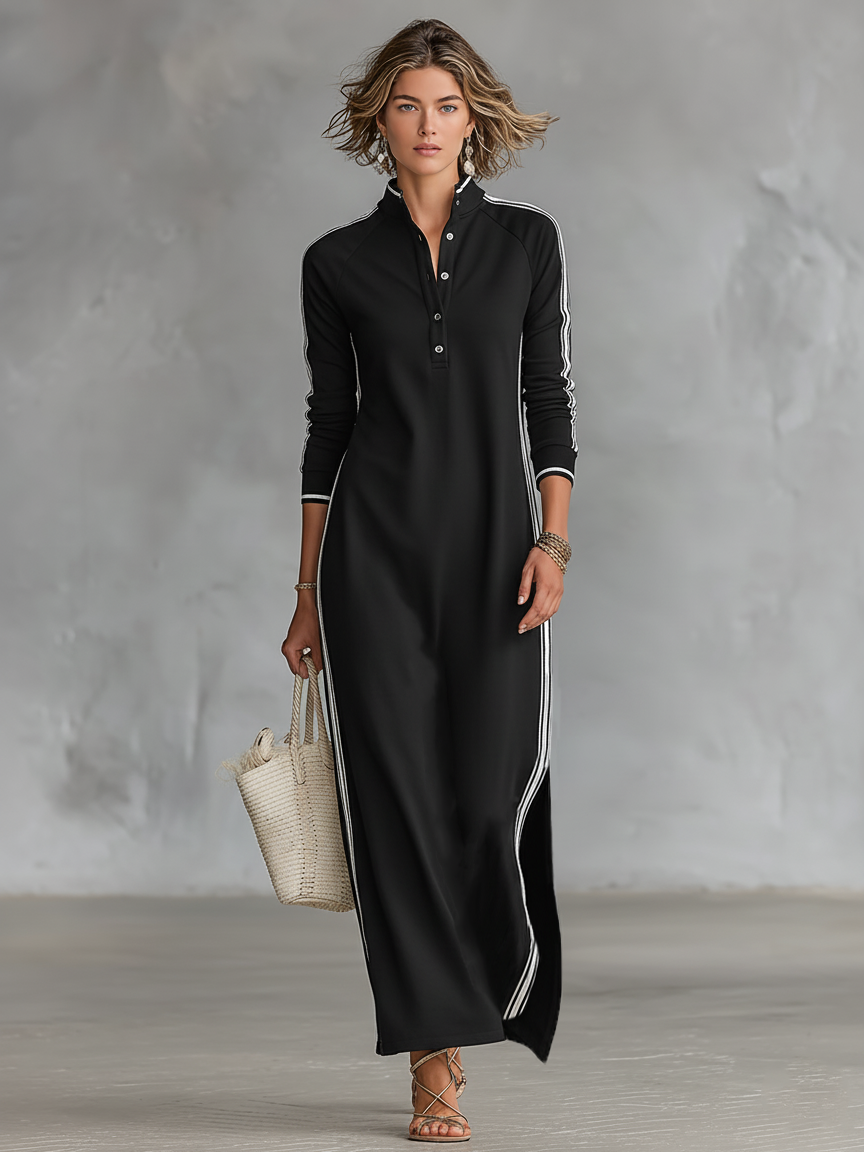 Women's Black Sweatshirt Maxi Dress | Button-Down Collar White Trim Casual Minimalist Dress