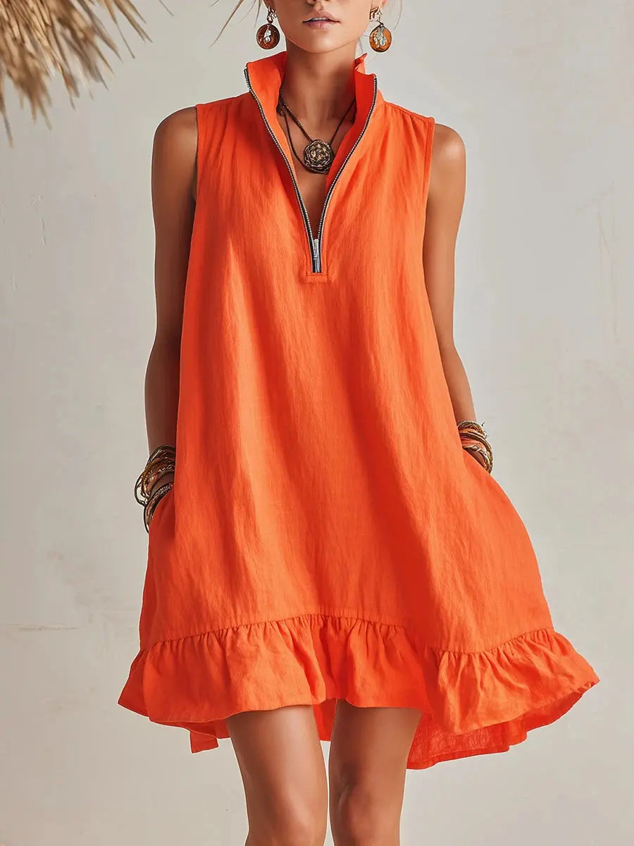 Women's Orange Cotton Mini Dress with Pockets | Stand Collar Half-Zip