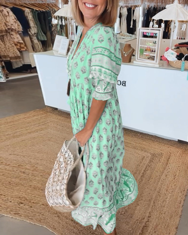 Women's Printed V-Neck Flutter Sleeve Tassel Waist Flowy Maxi Dress Boho Resort