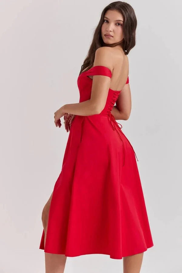 Women's Off Shoulder Sweetheart A-Line Midi Dress with Slit Wedding Guest