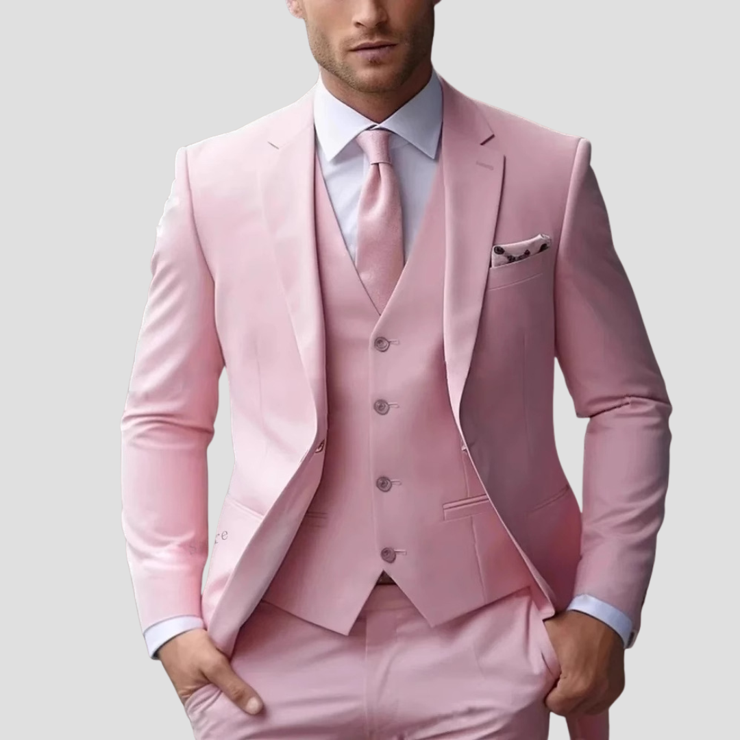 Men's three-piece slim fit suit side view