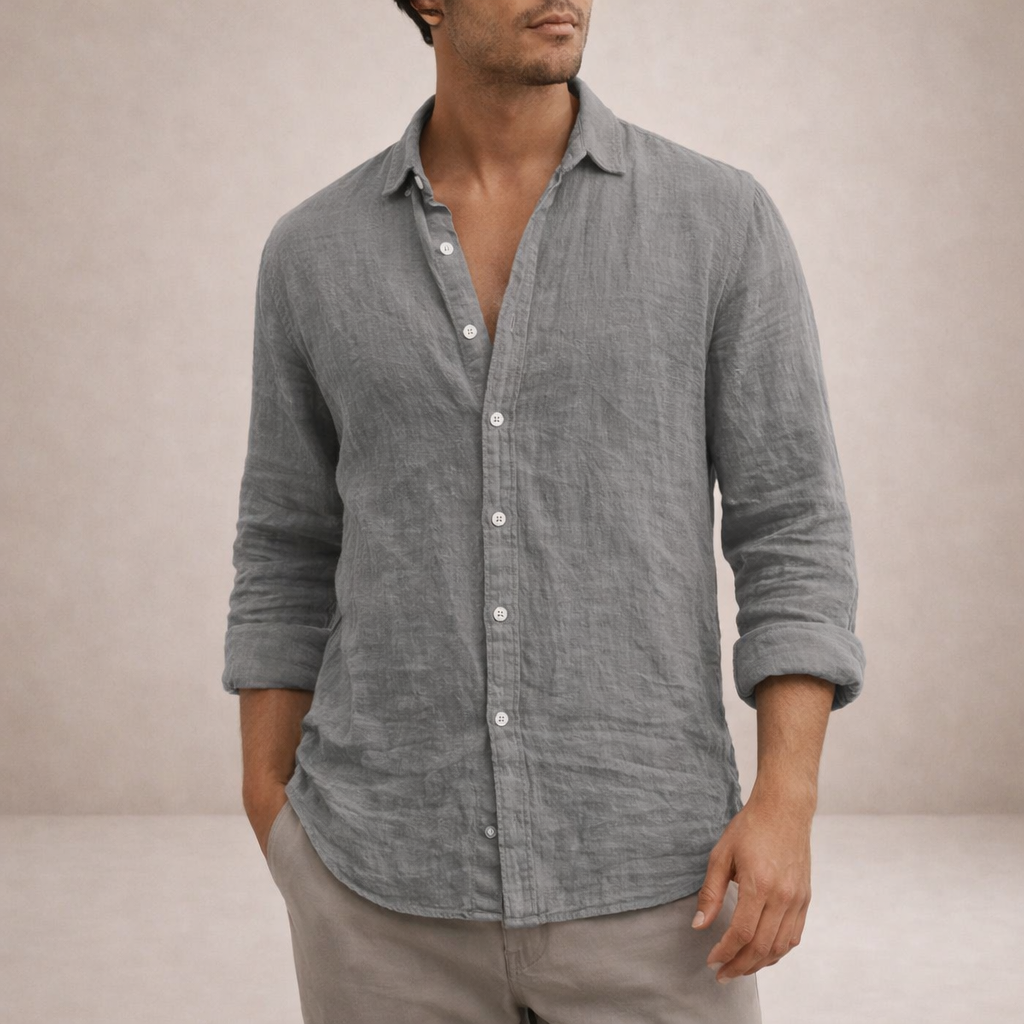 mens regular fit long sleeve linen shirt | open collar breathable top - front view