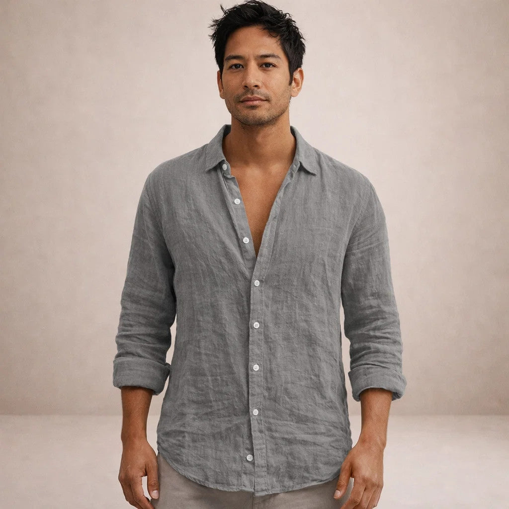 mens regular fit long sleeve linen shirt | open collar breathable top - side view