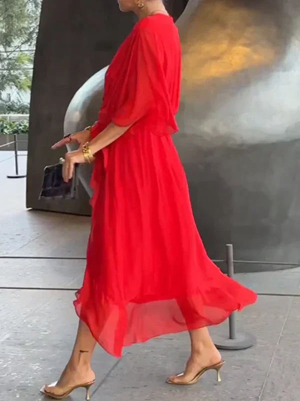 Women's Deep V-Neck Batwing Sleeve Belted Flowy Chiffon Midi Dress