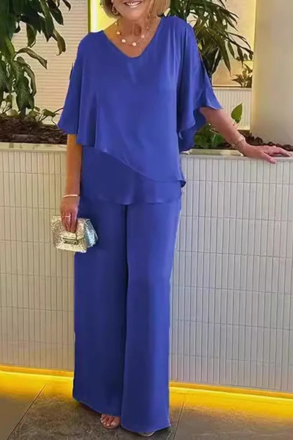 Women's V-Neck Flutter Sleeve Chiffon Top and Wide Leg Pants Two-Piece Set