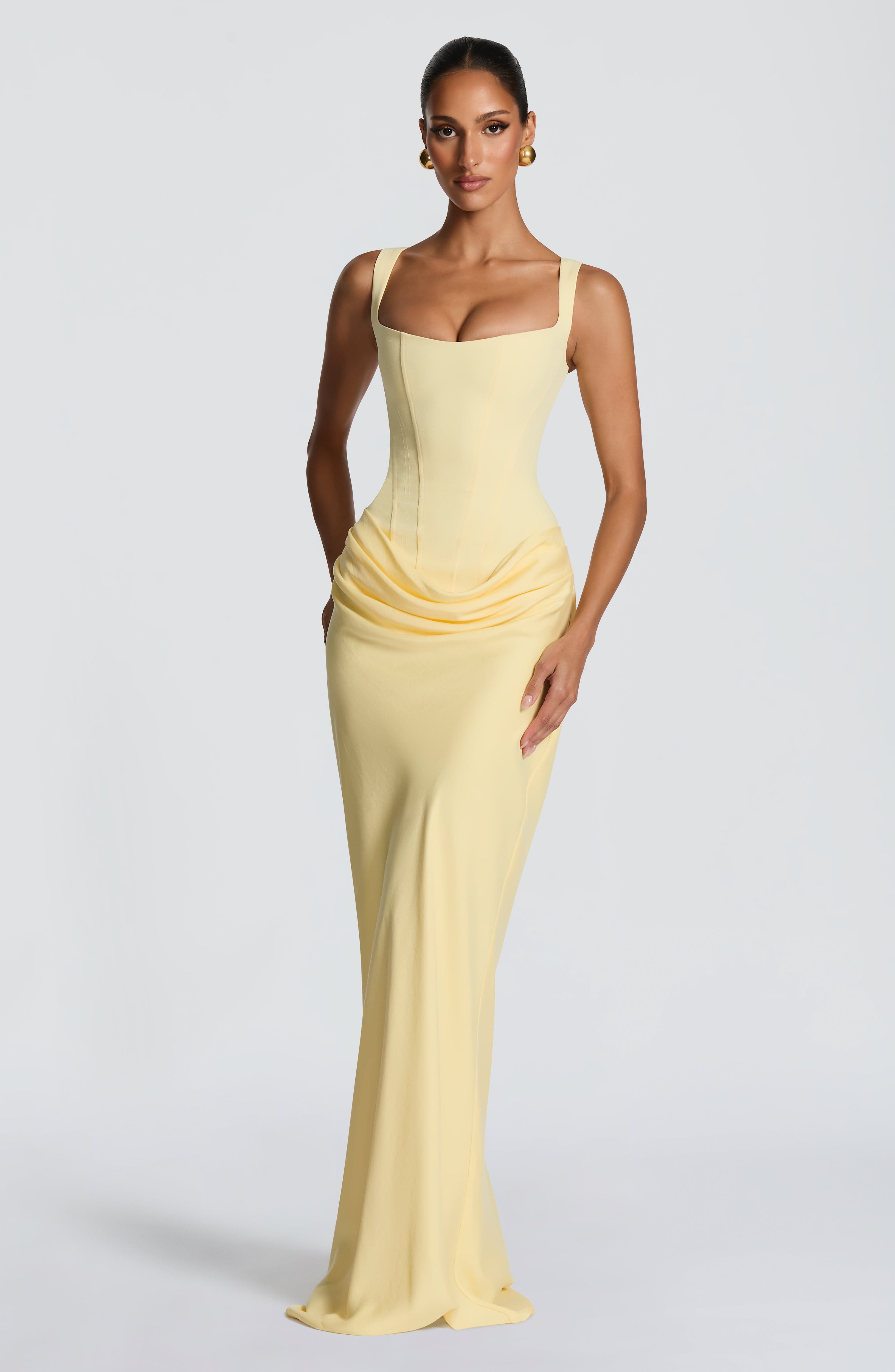 Women's Spaghetti Strap Scoop Neck Ruched Side Fitted Mermaid Maxi Evening Dress