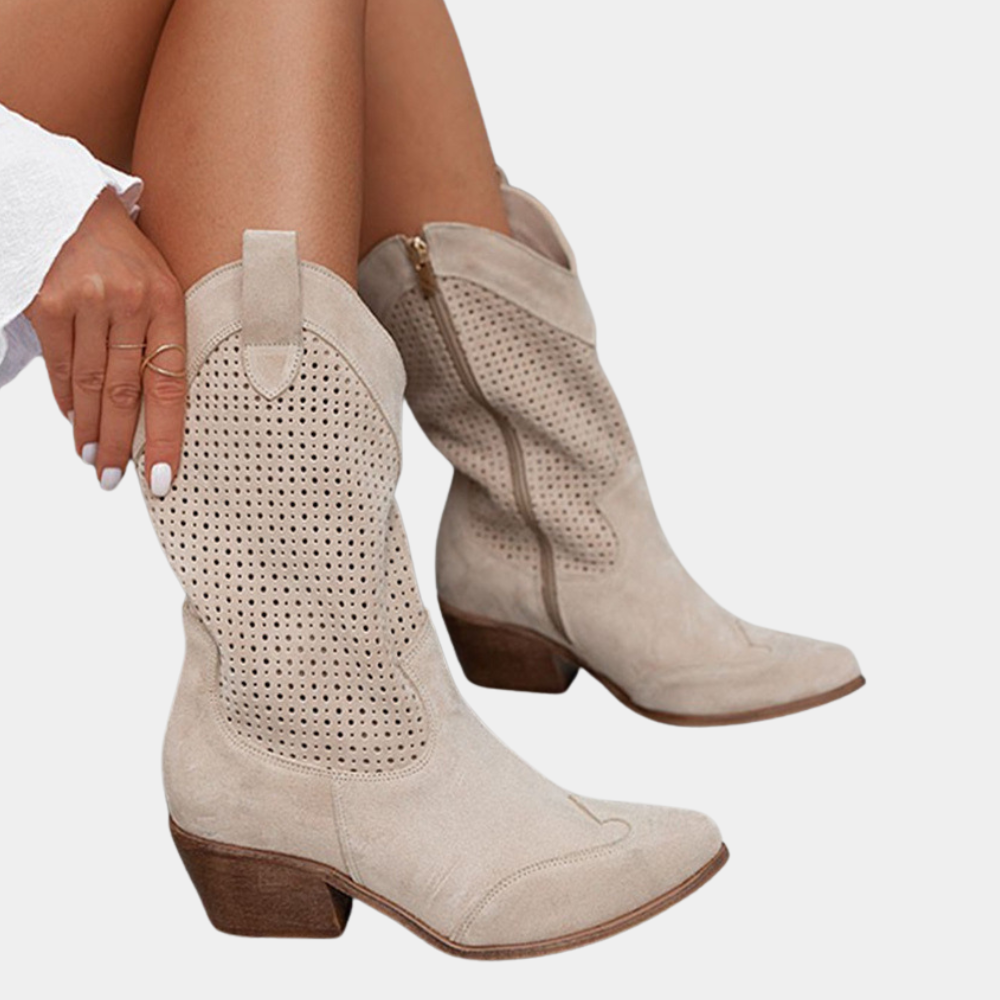 Women's Perforated Mid-Calf Western Cowboy Boots Block Heel Pointed Toe