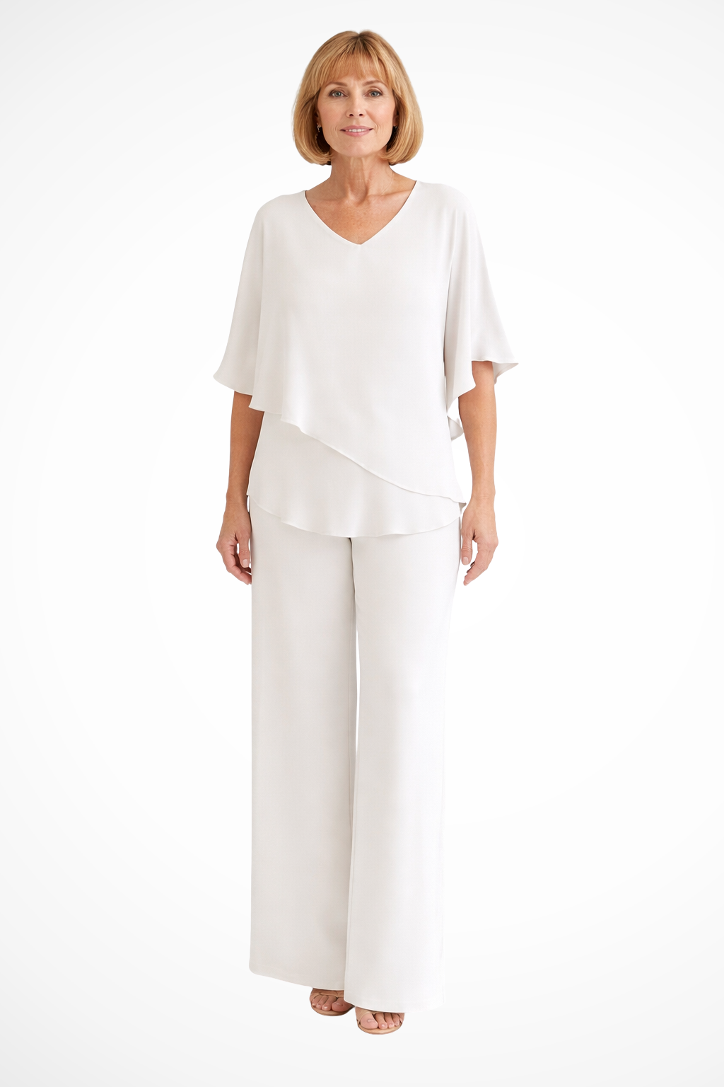 Women's V-Neck Flutter Sleeve Chiffon Top and Wide Leg Pants Two-Piece Set