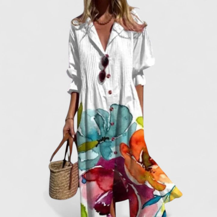 Women's White Floral Print Button-Down Midi Dress with Long Sleeves