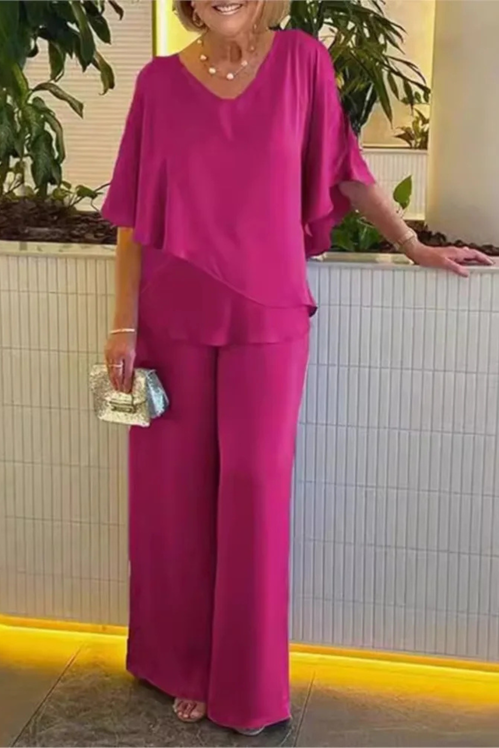 Women's V-Neck Flutter Sleeve Chiffon Top and Wide Leg Pants Two-Piece Set
