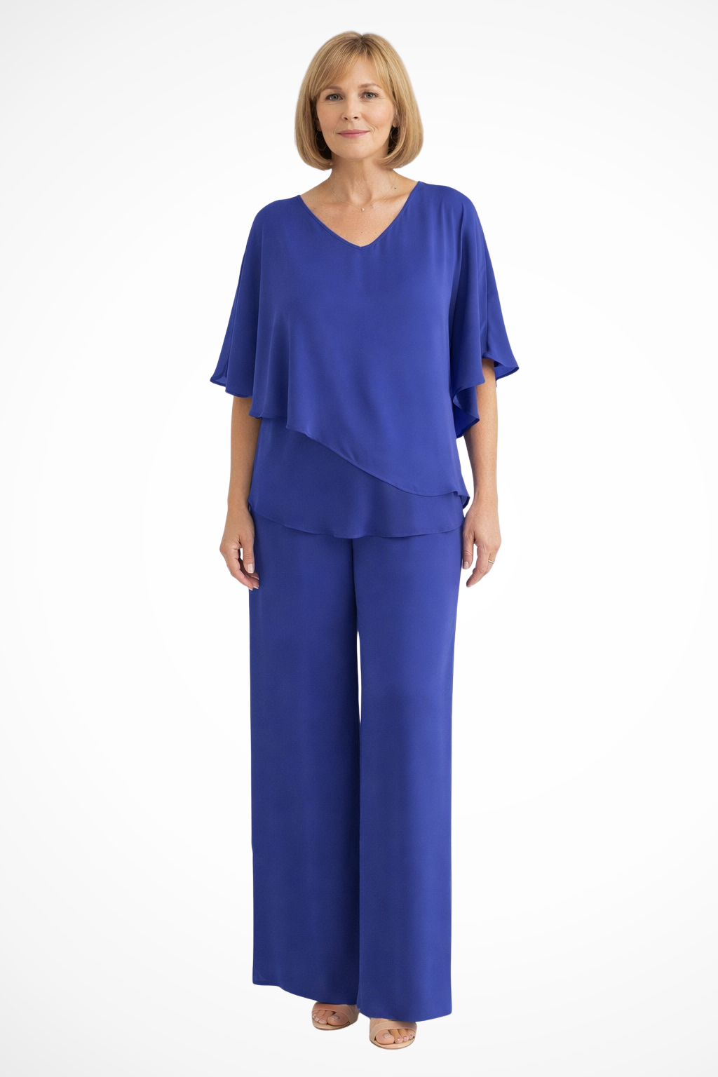 Women's V-Neck Flutter Sleeve Chiffon Top and Wide Leg Pants Two-Piece Set