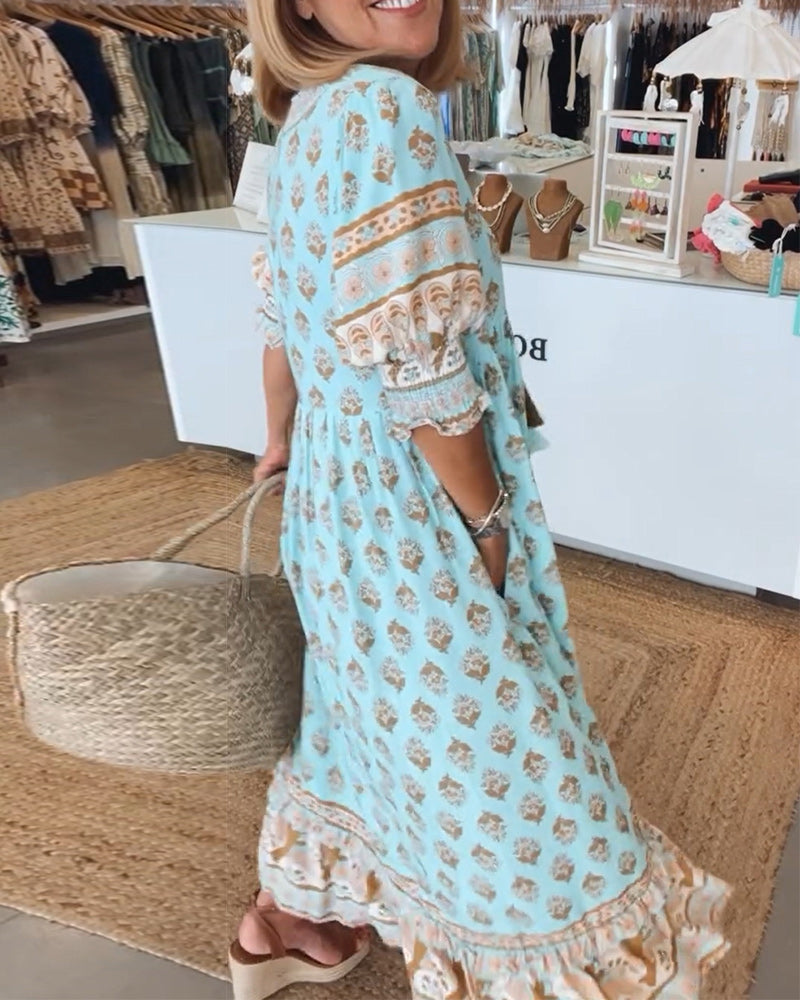 Women's Printed V-Neck Flutter Sleeve Tassel Waist Flowy Maxi Dress Boho Resort