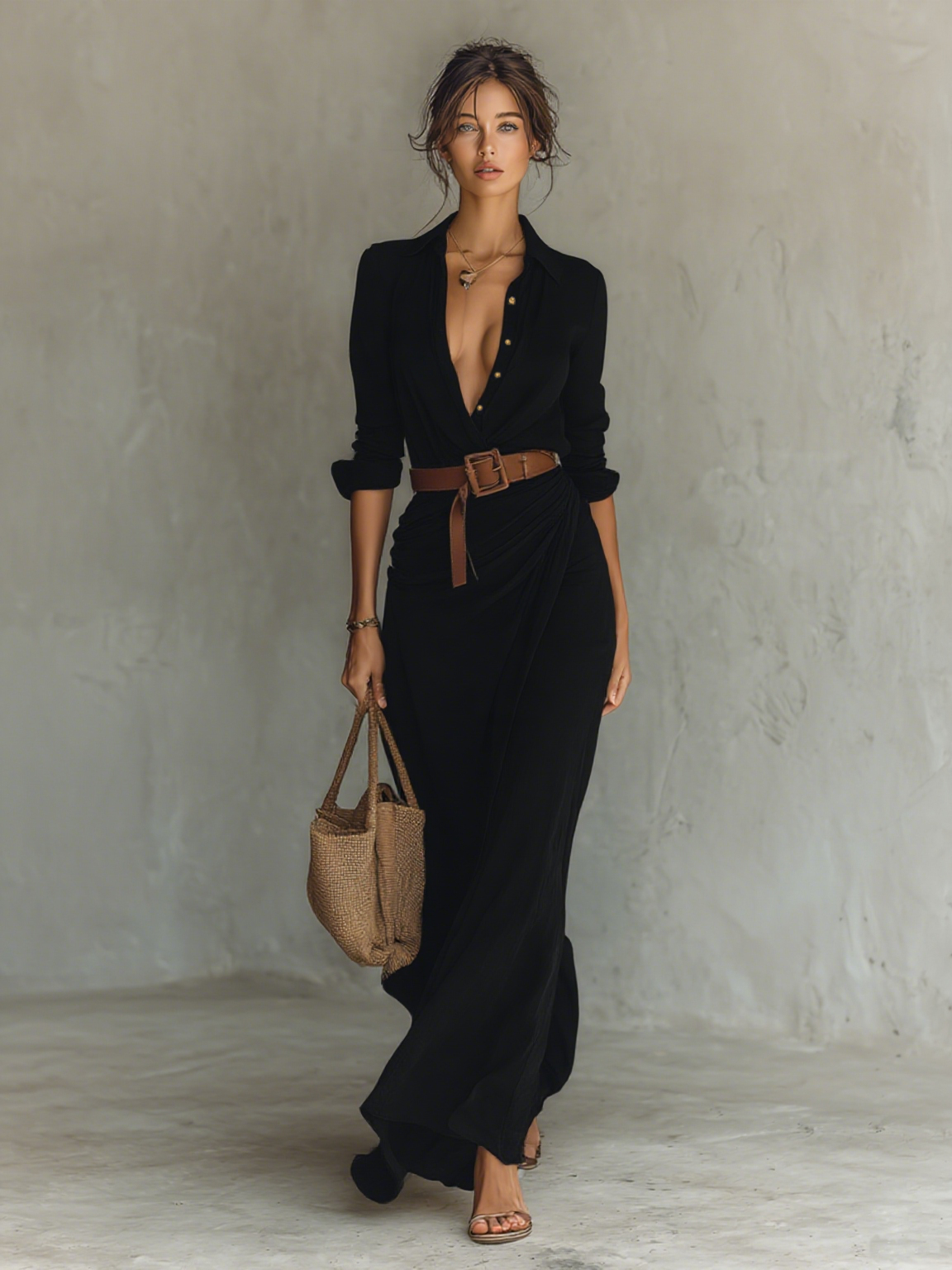 Women's Khaki Lapel Maxi Dress | Single Breasted Long Sleeve Belted Casual Dress