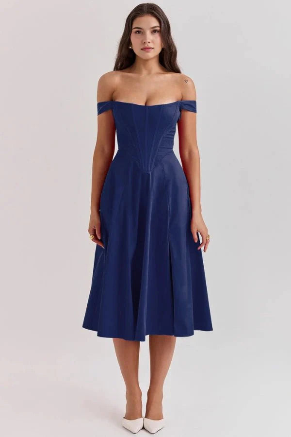 Women's Off Shoulder Sweetheart A-Line Midi Dress with Slit Wedding Guest