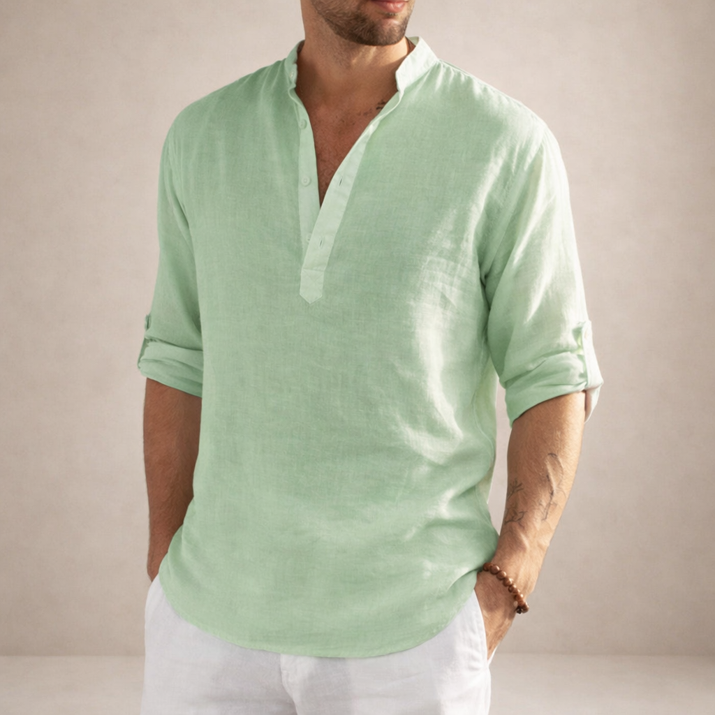 Men's Regular Fit Linen Shirt | Stand Collar Breathable Long Sleeve Top