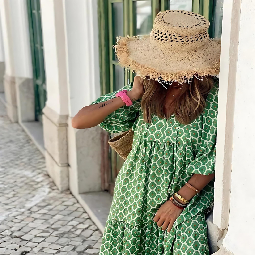 Women's Floral Print V-Neck Bishop Sleeve Flowy Maxi Dress Boho Summer