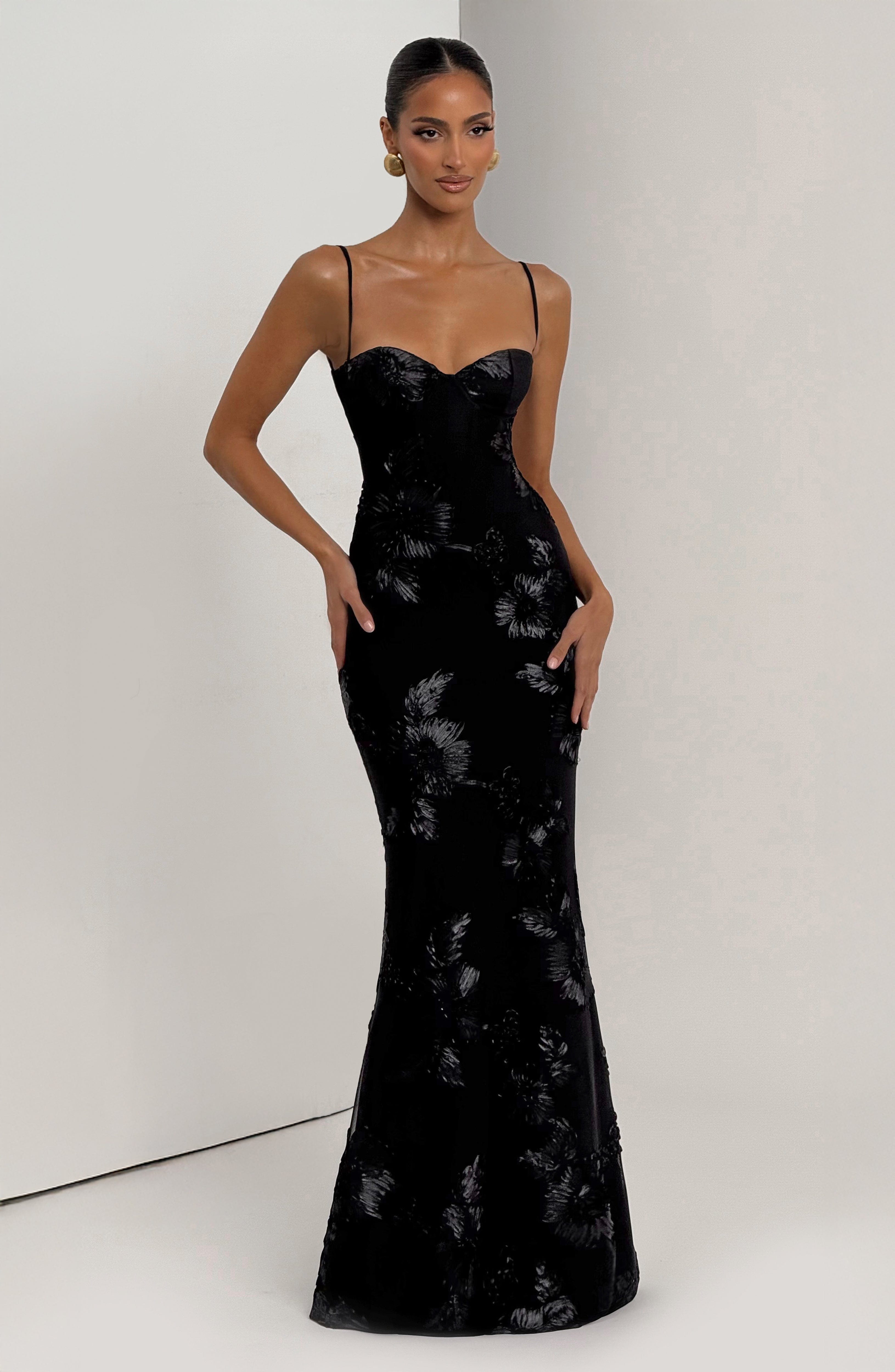 Women's Floral Sequin Spaghetti Strap Sweetheart Mermaid Maxi Gala Dress Prom