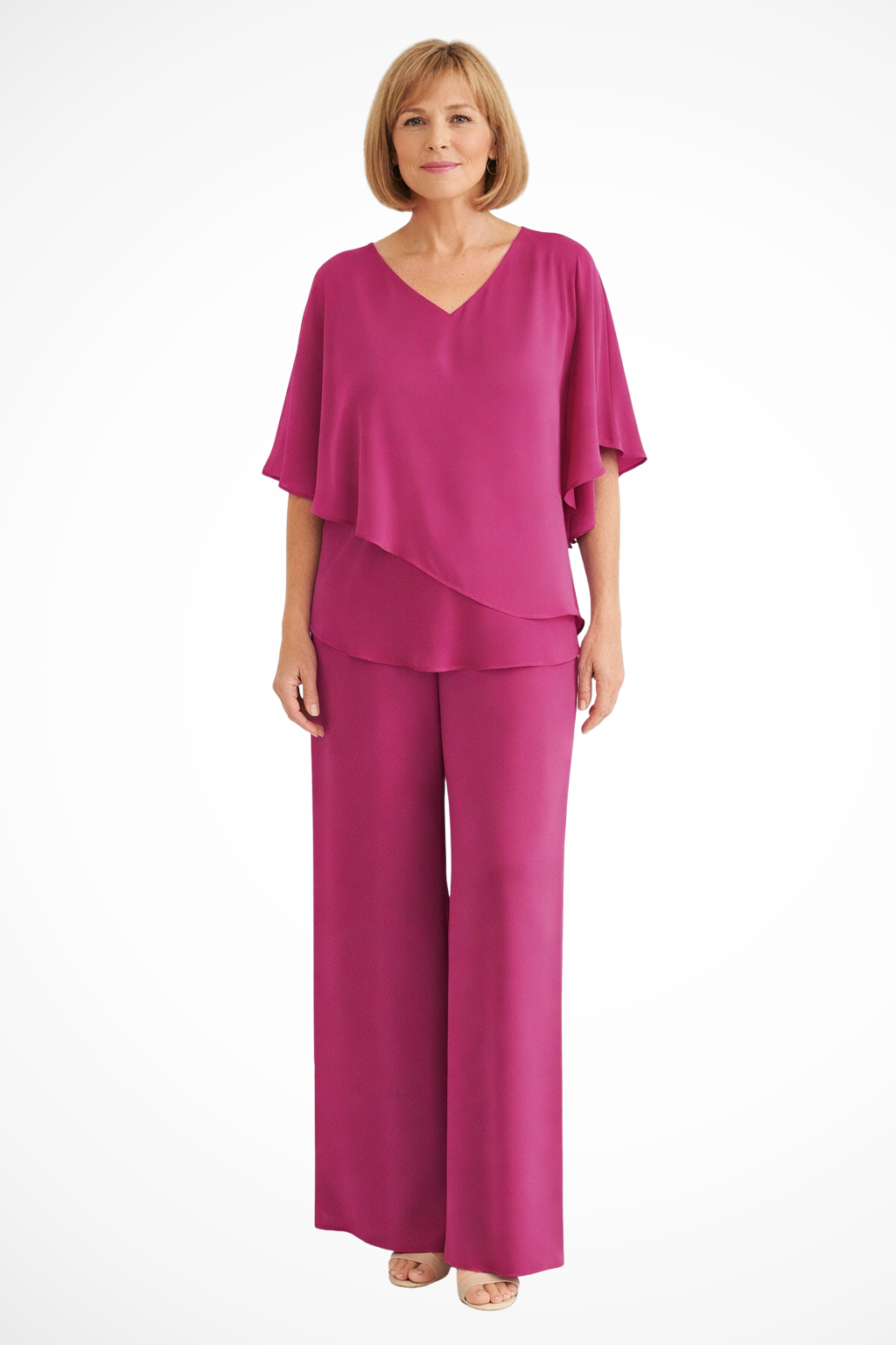 Women's V-Neck Flutter Sleeve Chiffon Top and Wide Leg Pants Two-Piece Set