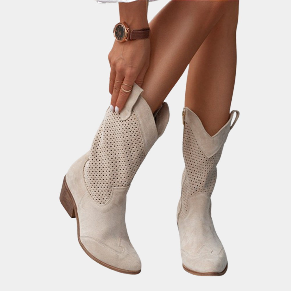 Women's Perforated Mid-Calf Western Cowboy Boots Block Heel Pointed Toe