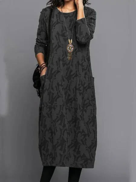 Women's Green Long Sleeve Midi Dress with Pockets | Casual Everyday Dress