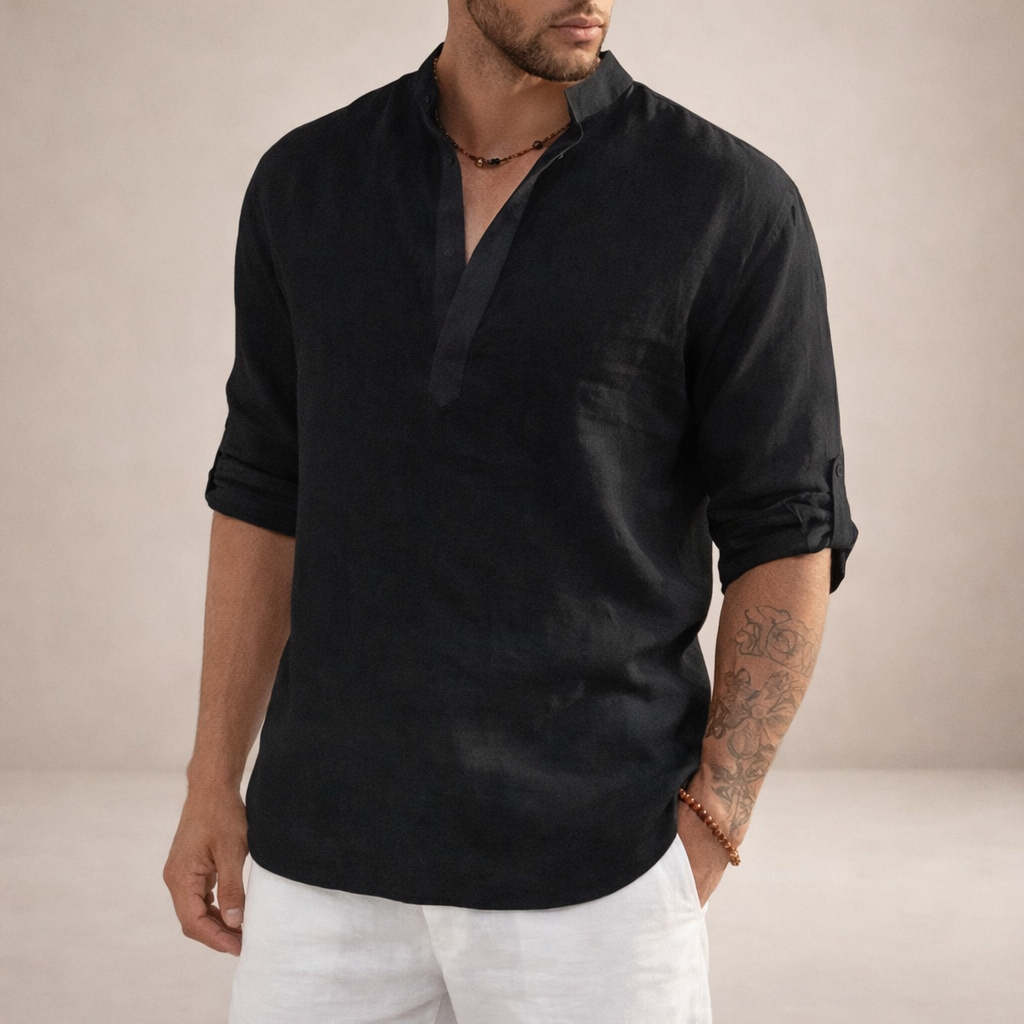 mens regular fit linen shirt | stand collar breathable long sleeve top - close-up view