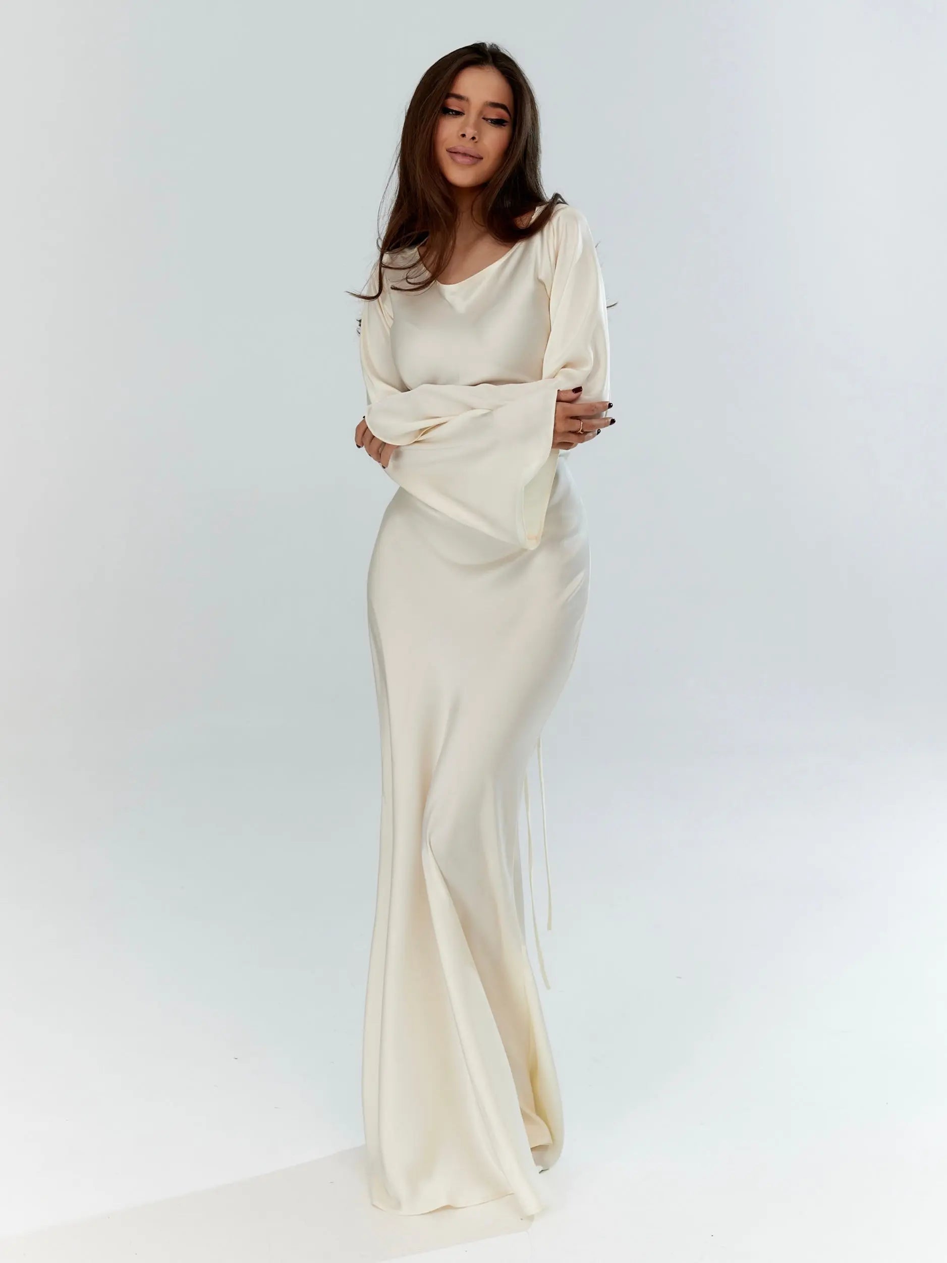 Women's Ivory Long Sleeve Maxi Dress | Casual Elegant Floor Length Everyday Dress
