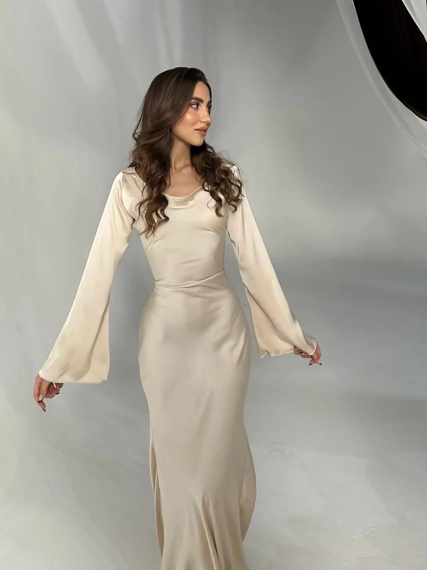 Women's Ivory Long Sleeve Maxi Dress | Casual Elegant Floor Length Everyday Dress