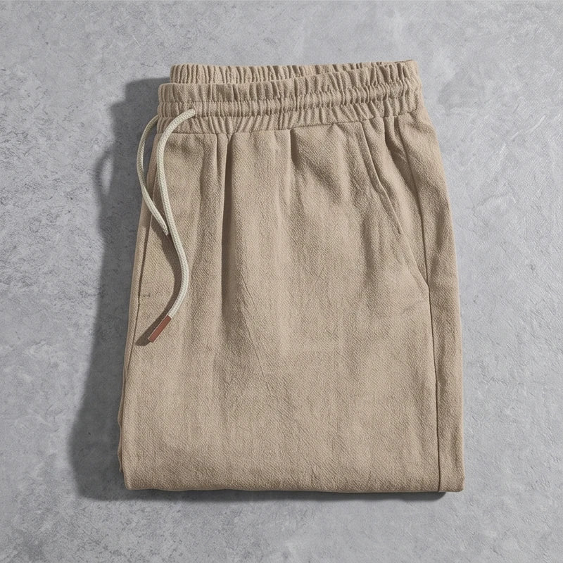 mens linen drawstring shorts | casual summer beach shorts - side view