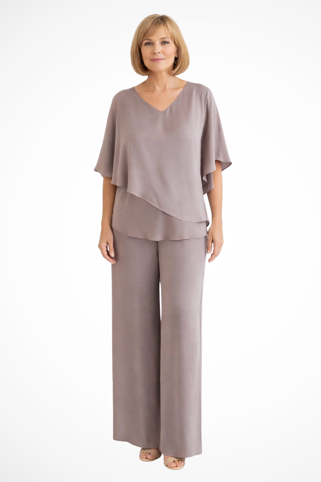 Women's V-Neck Flutter Sleeve Chiffon Top and Wide Leg Pants Two-Piece Set